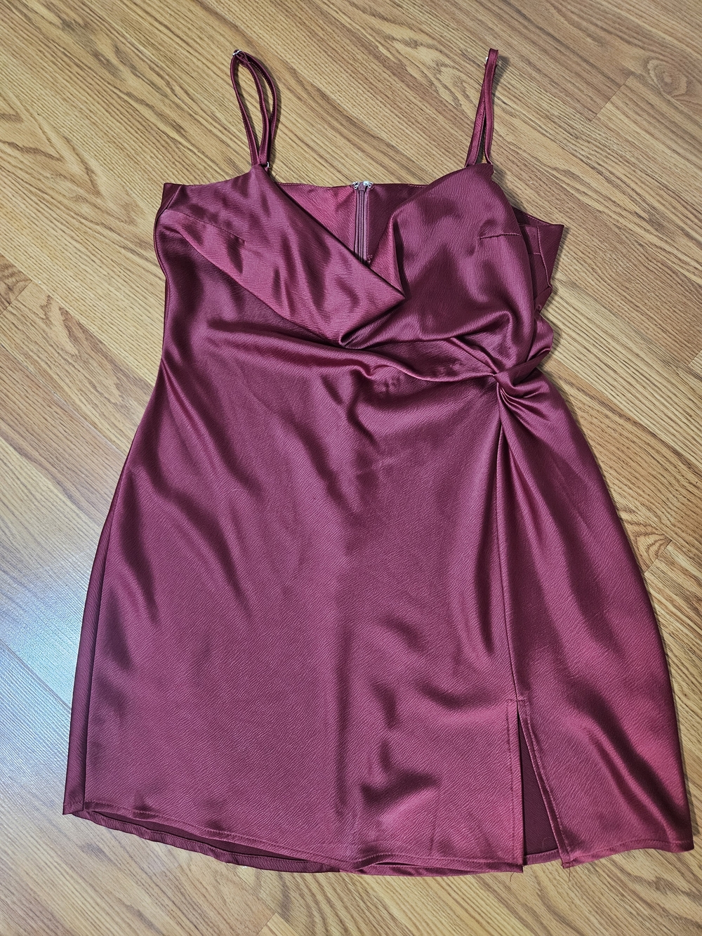 glam Satin Twist-Front Mini Dress in Burgundy